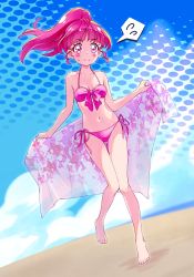 Rule 34 | 1girl, ahoge, alternate hairstyle, bare legs, bare shoulders, barefoot, beach, bikini, blush stickers, bow, bow bikini, breasts, cloud, cloudy sky, commentary request, day, derivative work, dutch angle, floating hair, full body, highres, holding sarong, hoshina hikaru, knees together feet apart, kyoutsuugengo, midriff, navel, nervous, nervous smile, ocean, outdoors, pink bikini, pink eyes, pink hair, pink sarong, polka dot, polka dot background, ponytail, precure, sand, side-tie bikini bottom, sky, small breasts, smile, solo, spaghetti strap, spoken sweatdrop, star twinkle precure, stomach, sweatdrop, swimsuit