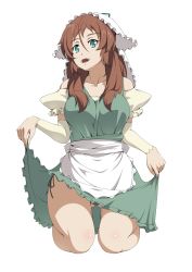 Rule 34 | 1girl, apron, aqua eyes, bare shoulders, brown hair, clothes lift, comet lucifer, detached sleeves, highres, kneeling, lifted by self, long hair, looking at viewer, maid apron, malvina aniance, open mouth, panties, sa no hi ra mugi, side-tie panties, side-tie peek, skirt, skirt lift, solo, underwear