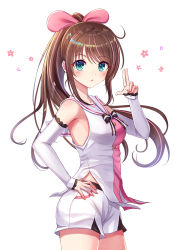 Rule 34 | 1girl, alternate hairstyle, blush, bow, breasts, brown bow, brown hair, commentary request, cowboy shot, detached sleeves, fingernails, green eyes, hand on own hip, hand up, high ponytail, highres, kizuna ai, kizuna ai inc., long hair, long sleeves, looking at viewer, medium breasts, multicolored hair, parted lips, pink hair, ponytail, seungju lee, shirt, short shorts, shorts, simple background, sleeveless, sleeveless shirt, sleeves past wrists, solo, streaked hair, striped, striped bow, very long hair, virtual youtuber, white background, white shirt, white shorts