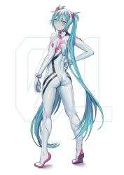 Rule 34 | 1girl, ass, blue eyes, blue hair, bodysuit, breasts, commentary, english commentary, female focus, from behind, frown, hair between eyes, hand on own hip, hatsune miku, highres, long hair, looking back, neon genesis evangelion, pilot suit, plugsuit, simple background, small breasts, solo, standing, twintails, vertigris, very long hair, vocaloid, white background, white bodysuit