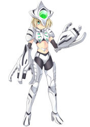 Rule 34 | 1girl, arm cannon, armor, black gloves, black pants, blonde hair, blush, boots, claws, cross (crossryou), eyes visible through hair, gloves, green eyes, headgear, looking at viewer, mecha musume, armored boots, midriff, navel, one eye covered, pants, personification, short hair, standing, thigh boots, thighhighs, ultra series, ultraman neos (series), weapon, white armor, white background, white thighhighs, zamu revenger