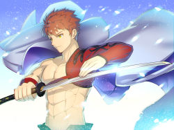 Rule 34 | 1boy, abs, bad id, bad pixiv id, brown hair, cape, emiya shirou, fate/grand order, fate (series), grey cape, hair between eyes, holding, holding sword, holding weapon, katana, limited/zero over, male focus, solo, spiked hair, sword, upper body, waku (ayamix), weapon, yellow eyes