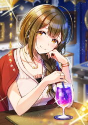 Rule 34 | 1girl, ahoge, blurry, blurry background, braid, braided ponytail, breasts, brown hair, cleavage, closed mouth, collarbone, drinking straw, hair between eyes, hair over shoulder, highres, idolmaster, idolmaster shiny colors, jewelry, kuwayama chiyuki, long hair, looking at viewer, medium breasts, necklace, shinishi chiho, shirt, sleeveless, sleeveless shirt, smile, solo, sparkle, upper body, watch, wristwatch, yellow eyes, yellow shirt