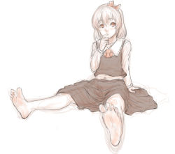 Rule 34 | 1girl, ascot, barefoot, blush, feet, full body, hair ribbon, highres, kuro suto sukii, long sleeves, looking at viewer, red eyes, ribbon, rumia, shirt, short hair, simple background, sitting, sketch, skirt, soles, solo, toes, touhou, vest, white background