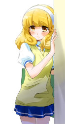 Rule 34 | 10s, 1girl, arm support, blonde hair, blush, hairband, kise yayoi, ooshima tomo, precure, school uniform, short hair, sketchbook, skirt, smile precure!, solo, sweater vest, white hairband, yellow eyes