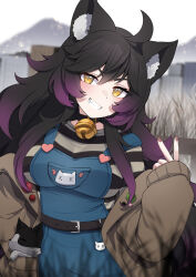 Rule 34 | 1girl, absurdres, ahoge, animal, animal ear fluff, animal ears, animal in clothes, bell, belt, black belt, black choker, black hair, blue overalls, blurry, blurry background, breasts, brown coat, cat, cat ears, cat girl, choker, coat, colored tips, commentary, commission, fence, fleshy (vtuber), heart, highres, indie virtual youtuber, multicolored hair, neck bell, overalls, purple hair, shirt, slit pupils, solo, striped clothes, striped shirt, symbol-only commentary, teeth, valefal coneri, vgen commission, virtual youtuber, yellow eyes
