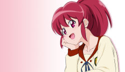 Rule 34 | 1girl, aino megumi, collarbone, fuchi (nightmare), gradient background, happinesscharge precure!, high ponytail, long hair, long sleeves, looking at viewer, open mouth, pikarigaoka middle school uniform, pink background, pink eyes, pink hair, precure, school uniform, smile, solo, upper body, wide ponytail