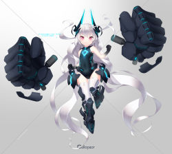 Rule 34 | 1girl, absurdres, black footwear, black gloves, black leotard, boots, clenched hands, fighting stance, floating, full body, gloves, glowing, gluteal fold, headgear, highres, knee boots, leotard, long hair, mecha musume, mechanical hands, original, red eyes, silver hair, solo, standing, standing on one leg, thigh gap, thighhighs, thighs, very long hair, white thighhighs