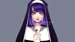 Rule 34 | 1girl, arms up, black nails, grey background, habit, highres, kamato il, looking at viewer, medium hair, nail polish, nun, original, parted lips, portrait, purple eyes, purple hair, shadow, simple background, solo, traditional nun
