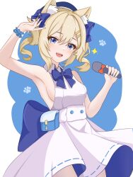 Rule 34 | 1girl, alternate costume, animal ear fluff, animal ears, arm up, armpits, barbara (genshin impact), bare arms, bare shoulders, blonde hair, blue eyes, blue hat, bow, bowtie, breasts, cat ears, collared dress, cowboy shot, dress, genshin impact, hair bow, hand up, hat, highres, holding, holding microphone, kemonomimi mode, medium breasts, microphone, open mouth, pouch, scrunchie, sideboob, sleeveless, sleeveless dress, smile, solo, standing, twintails, white dress, wrist scrunchie, zerosama (sailuojiang)