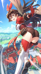 Rule 34 | 1girl, :d, amber (genshin impact), ass, boots, breasts, brown eyes, brown hair, brown shorts, from behind, genshin impact, gloves, goggles, goggles on head, gold trim, hair ribbon, highres, long hair, looking at viewer, looking back, medium breasts, open mouth, red gloves, red thighhighs, ribbon, short shorts, shorts, shrug (clothing), smile, solo, thigh boots, thighhighs, thighs, town, vision (genshin impact), wedo, white footwear, wings