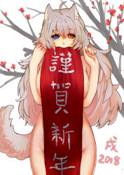 Rule 34 | 1girl, 2018, ahoge, animal ears, bare shoulders, blue eyes, breasts, commentary request, grey hair, hair between eyes, heterochromia, in mouth, large breasts, long hair, looking at viewer, new year, nude, orange eyes, original, simple background, smile, solo, standing, tail, translation request, uusquid, white background