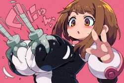 Rule 34 | 1girl, :o, absurdres, blush, blush stickers, bodysuit, boku no hero academia, breasts, brown hair, commentary request, grabbing, grabbing another&#039;s breast, highres, huge breasts, mechanical arms, motion lines, orange eyes, pink background, short hair, simple background, solo, upper body, uraraka ochako, zankuro