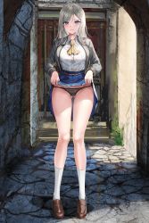 Rule 34 | 1girl, absurdres, black panties, blue eyes, blush, clothes lift, grey hair, highres, lace, lace panties, lifting own clothes, lillly, long sleeves, looking at viewer, original, panties, pleated skirt, school uniform, skirt, skirt lift, socks, solo, underwear, white hair