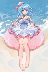 Rule 34 | 1girl, absurdres, blue eyes, blue hair, blush, feet, feng shao kky (arj0522), hands on own chest, highres, long hair, looking at viewer, ocean, sand, smile, solo, toes