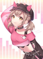 Rule 34 | 1girl, animal ear fluff, azusawa kohane, belt, belt buckle, black belt, black hat, brown eyes, brown hair, buckle, collar, collarbone, crop top, hat, hinata mizuiro, leaning forward, long hair, long sleeves, midriff, navel, parted lips, project sekai, short twintails, smile, solo, spiked collar, spikes, stomach, twintails