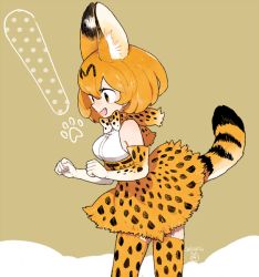 Rule 34 | !, 10s, 1girl, animal ears, bare shoulders, bow, bowtie, brown background, cat ears, cat tail, clenched hands, cowboy shot, elbow gloves, fang, from side, gloves, hair between eyes, kemono friends, l hakase, looking away, looking down, multicolored background, open mouth, orange eyes, orange hair, polka dot, profile, serval (kemono friends), serval print, serval tail, shirt, short hair, signature, skirt, sleeveless, sleeveless shirt, smile, solo, tail, tareme, thighhighs, two-tone background, white background, white shirt, yellow eyes, zettai ryouiki