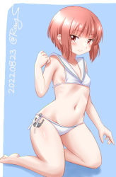 Rule 34 | 1girl, anchor ornament, barefoot, bikini, brown eyes, commentary request, flat chest, kantai collection, kneeling, official alternate costume, one-hour drawing challenge, ray.s, red hair, sailor bikini, sailor collar, short hair, side-tie bikini bottom, solo, swimsuit, white bikini, white sailor collar, z3 max schultz (kancolle)