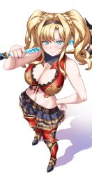 1girl armor blonde_hair blue_eyes breasts cleavage gauntlets granblue_fantasy hair_intakes hairband highres navel polearm red_armor shawl shirokuma_a shorts showgirl_skirt solo spear weapon zeta_(granblue_fantasy)