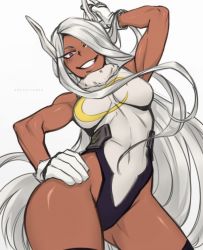 Rule 34 | 1girl, animal ears, artist name, boku no hero academia, breasts, colorized, dark-skinned female, dark skin, executioner (alextau666), gloves, hands on own hips, highres, large breasts, leotard, long hair, looking at viewer, mirko, rabbit ears, rabbit girl, red eyes, smile, solo, thick thighs, thighs, third-party edit, transparent background, white gloves, white hair, wide hips