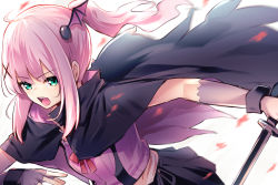 Rule 34 | 1girl, ahoge, black cape, black skirt, borushichi, bow, cape, chiyoda momo, dutch angle, elbow gloves, fingerless gloves, gloves, green eyes, hair ornament, holding, holding sword, holding weapon, looking at viewer, machikado mazoku, open mouth, pink hair, ponytail, purple cape, purple gloves, purple shirt, red bow, shirt, sidelocks, simple background, skirt, solo, sword, v-shaped eyebrows, weapon, white background, wing hair ornament, x hair ornament