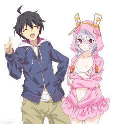 Rule 34 | 1boy, 1girl, ^ ^, abe atsushi, ahoge, antennae, arm at side, bikini, black hair, blue hoodie, blush, brown pants, carrot, chromatic aberration, closed eyes, commentary request, commission, cosplay, crossed arms, curly hair, flat chest, grey hair, hair between eyes, highres, hood, hood down, hooded jacket, hoodie, itou miku, jacket, kamijou touma, kamijou touma (cosplay), karasuma fran, karasuma fran (cosplay), kokkoro (princess connect!), looking at viewer, miniskirt, multicolored bikini, multicolored clothes, navel, open clothes, open jacket, open mouth, pants, partially unzipped, pink eyes, pink jacket, princess connect!, print bikini, radio antenna, seryu oekaki, short hair, signature, simple background, skeb commission, skirt, smile, swimsuit, thumbs up, toaru majutsu no index, toaru majutsu no index: new testament, unzipped, voice actor connection, white background, yuuki (princess connect!)