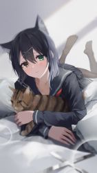 Rule 34 | 1girl, animal, animal ears, black footwear, black hair, blonde hair, blouse, blue sailor collar, blue shirt, blue skirt, breasts, brown cat, cat, cat ears, character request, cleavage, closed mouth, commentary request, copyright request, feet, green eyes, head tilt, heterochromia, highres, holding, holding animal, holding cat, legs up, looking at viewer, lying, medium breasts, neckerchief, nel dcm, on stomach, pantyhose, pleated skirt, red neckerchief, sailor collar, school uniform, serafuku, shirt, skirt, smile, soles, the pose, yellow eyes