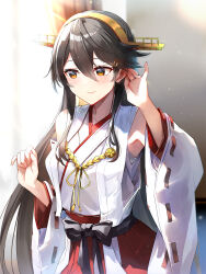 Rule 34 | 1girl, adjusting hair, black hair, brown eyes, closed mouth, commentary request, commission, detached sleeves, emerane, hair between eyes, hair ornament, hairclip, hakama, haruna (kancolle), haruna kai ni (kancolle), headgear, highres, indoors, japanese clothes, jewelry, kantai collection, kimono, long hair, nontraditional miko, red hakama, ribbon-trimmed sleeves, ribbon trim, ring, skeb commission, sleeveless, sleeveless kimono, smile, solo, wedding ring, white sleeves, wide sleeves