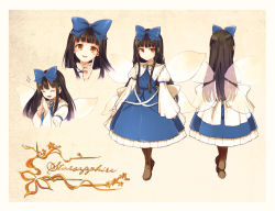 Rule 34 | 1girl, :d, ^ ^, black hair, blue bow, blue dress, blunt bangs, boots, bow, brown eyes, brown footwear, character name, closed eyes, commentary request, dress, fairy, fairy wings, frilled shirt collar, frills, full body, hair bow, hisona (suaritesumi), index finger raised, juliet sleeves, knee boots, long hair, long sleeves, looking at viewer, multiple views, open mouth, own hands together, puffy sleeves, simple background, smile, star (symbol), star sapphire, touhou, wide sleeves, wings