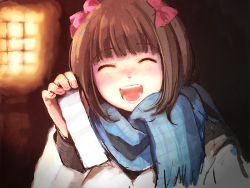 Rule 34 | 00s, 1girl, ^ ^, amami haruka, blush, brown hair, closed eyes, face, fortune (seelefs), hair ribbon, happy, holding, idolmaster, idolmaster (classic), nogoodlife, omikuji, open mouth, ribbon, scarf, smile, solo