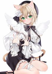 Rule 34 | 1girl, animal ear fluff, animal ears, black bow, black nails, black ribbon, black skirt, black socks, bow, breasts, cat ears, cat girl, cat tail, closed mouth, commentary request, frilled skirt, frills, green eyes, hair between eyes, heart, heart hands, heart hands duo, highres, kurumi noah, light brown hair, long sleeves, looking at viewer, medium breasts, nail polish, nemun (tamizzz), puffy long sleeves, puffy sleeves, ribbon, shirt, simple background, sitting, skirt, smile, socks, solo, tail, tail ornament, tail ribbon, virtual youtuber, vspo!, wariza, white background, white shirt, white wings, wings