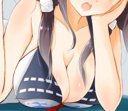 Rule 34 | 10s, 1girl, :o, breasts, brown hair, cleavage, close-up, female focus, head out of frame, head rest, kantai collection, large breasts, long hair, low twintails, open mouth, shiny skin, solo, taigei (kancolle), tebi (tbd11), twintails