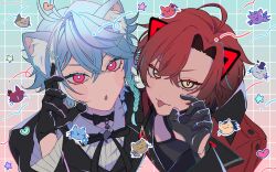 Rule 34 | 2boys, ahoge, androgynous, animal ear fluff, animal ears, bell, black choker, black gloves, blue hair, blush, cat ears, choker, claw pose, colored eyelashes, eyelashes, fang, gloves, gradient background, gradient hair, grey hair, hair between eyes, hair ornament, hairpin, heart, highres, holostars, holostars english, jacket, looking at viewer, m chikih, machina x flayon, male focus, multicolored hair, multiple boys, neck bell, octavio, open mouth, pink eyes, portrait, red hair, red jacket, short hair, skin fang, square background, star (symbol), tongue, tongue out, tri braids, virtual youtuber
