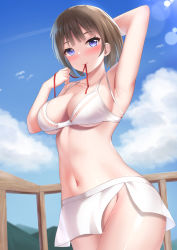 Rule 34 | 1girl, arm up, armpits, bare arms, bare shoulders, bikini, blue eyes, blue sky, blush, breasts, brown hair, cloud, collarbone, commentary request, cowboy shot, day, groin, hand up, highres, large breasts, looking at viewer, mouth hold, navel, original, short hair, sky, smile, solo, standing, stomach, swimsuit, tatsumiya kagari, thighs, white bikini