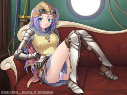 Rule 34 | 1girl, armor, armored boots, blush, boots, breastplate, brown cape, brown socks, cape, chainmail, circle name, commentary request, couch, cross, full body, gauntlets, goggles, goggles on head, greaves, green eyes, helmet, indoors, kazuma muramasa, knight, knight (ragnarok online), latin cross, long hair, open mouth, panties, pauldrons, purple hair, ragnarok online, scabbard, sheath, shoulder armor, sitting, smile, socks, solo, underwear, watermark, web address, white panties