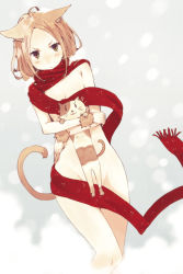 Rule 34 | 1girl, animal ears, brown hair, cat, censored, convenient censoring, green eyes, hrd, naked scarf, nude, original, red scarf, scarf, short hair, solo