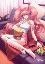 Rule 34 | 1girl, absurdres, alternate costume, angelina (arknights), animal ears, arknights, bare arms, bare legs, bare shoulders, barefoot, breasts, bucket, camisole, commentary request, controller, couch, dorsiflexion, food, fox ears, hair between eyes, hand up, highres, indoors, long hair, looking at viewer, medium breasts, nail polish, pillow, pink hair, pink nails, pink shorts, popcorn, red eyes, remote control, short shorts, shorts, sitting, smile, solo, strap slip, thighs, toenail polish, toenails, twintails, very long hair, yokozuwari, zyan