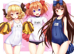 Rule 34 | 1girl, 3girls, alternate costume, blonde hair, blush, brown eyes, brown hair, buruma, cheerleader, chestnut mouth, covered navel, drill hair, ebi 193, fang, flat chest, gluteal fold, gym uniform, hair ribbon, hat, long hair, looking at viewer, luna child, multiple girls, one-piece swimsuit, open mouth, orange hair, pink background, pom pom (cheerleading), purple eyes, red eyes, ribbon, school swimsuit, short hair, simple background, smile, star sapphire, sunny milk, swimsuit, thigh gap, touhou, very long hair