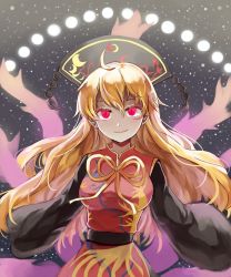 Rule 34 | 1girl, ahoge, arms up, belt, black belt, black dress, black hat, black sky, blonde hair, bow, bowtie, breasts, chinese clothes, closed mouth, commentary request, crescent, danmaku, dress, energy, eyebrows hidden by hair, hair between eyes, hands up, hat, highres, junko (touhou), kani nyan, light, long hair, long sleeves, looking at viewer, looking up, medium breasts, night, night sky, orange hair, phoenix crown, pink eyes, pom pom (clothes), red eyes, sky, smile, solo, space, standing, star (sky), starry sky, tabard, tail, touhou, very long hair, wide sleeves, yellow bow, yellow bowtie