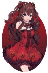 Rule 34 | 1girl, absurdres, black gloves, blue eyes, bow, brown hair, cowboy shot, dress, earrings, elbow gloves, floating hair, floral print, frilled dress, frills, gloves, hair bow, highres, ichinose shiki, idolmaster, idolmaster cinderella girls, jewelry, long hair, looking at viewer, neck ribbon, print gloves, red bow, red dress, ribbon, simple background, sleeveless, sleeveless dress, solo, standing, striped bow, striped ribbon, thigh strap, tirunokiri, tongue, tongue out, twintails, two side up, very long hair, white background