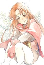 Rule 34 | 1girl, blush, breasts, brown eyes, brown hair, cape, circlet, closed mouth, dress, gensou suikoden, gensou suikoden i, gloves, headband, long hair, looking at viewer, natsuo (hatohaco), odessa silverberg, simple background, smile, solo