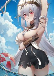 Rule 34 | 1girl, absurdres, arknights, arm up, armpits, ball, bare shoulders, beachball, bikini, bikini pull, black gloves, black skirt, black thighhighs, blue sky, blush, breast hold, breasts, clothes pull, cloud, commentary request, day, gloves, grey hair, hair between eyes, highres, large breasts, long hair, looking at viewer, outdoors, red eyes, skadi (arknights), skirt, sky, solo, swimsuit, thighhighs, very long hair, wading, water, white bikini, white headwear, zombie ke