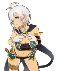 Rule 34 | ahoge, breasts, cape, cleavage, gloves, midriff, navel, panties, rondorine e. effenberg, sheath, short hair, shorts, silver hair, sword, tales of (series), tales of phantasia, thong, underwear, weapon, whale tail (clothing)