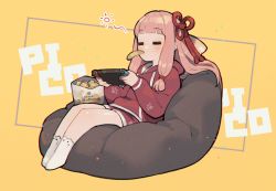 Rule 34 | 1girl, = =, bean bag chair, blush, chips (food), closed eyes, commentary request, controller, food, full body, game controller, hair ribbon, highres, holding, holding controller, holding game controller, hood, hoodie, joy-con, kotonoha akane, long hair, long sleeves, muji body fitting sofa, nintendo switch, no shoes, open mouth, orange background, pink hair, potato chips, red hoodie, red ribbon, red shorts, ribbon, shirinda fureiru, shorts, sidelocks, simple background, sitting, socks, solo, sound effects, voiceroid, white socks