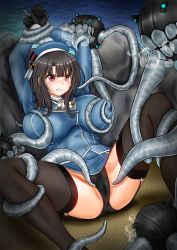 Rule 34 | 1girl, beret, black gloves, black hair, black panties, black thighhighs, blue hat, blue skirt, breasts, enemy naval mine (kancolle), gloves, hat, highres, kantai collection, large breasts, military, military uniform, miniskirt, panties, red eyes, restrained, short hair, sitting, skirt, solo, takao (kancolle), tentacles, thighhighs, underwear, uniform, ura tomomi