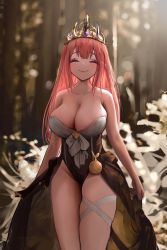 Rule 34 | 1girl, absurdres, bare arms, breasts, chrysa ( sa0ru), cleavage, closed eyes, crown, highres, large breasts, long hair, photo-referenced, red hair, smile, solo, standing, strapless