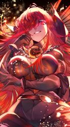 Rule 34 | 1girl, absurdres, armor, belt, black bodysuit, bodysuit, breastplate, breasts, cape, chain, collared cape, fate/grand order, fate (series), glowing, glowing eye, grin, hair over one eye, highres, large breasts, long hair, looking at viewer, mochiboni, oda nobunaga (fate), oda nobunaga (maou avenger) (fate), oda uri, popped collar, red cape, red eyes, red hair, smile, solo, very long hair