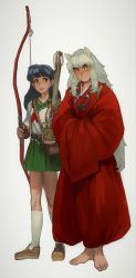 Rule 34 | 1boy, 1girl, absurdres, arrow (projectile), barefoot, black hair, bow (weapon), brown footwear, closed mouth, fang, fang out, green sailor collar, green skirt, hands in opposite sleeves, highres, higurashi kagome, holding, holding bow (weapon), holding weapon, inuyasha, inuyasha (character), long hair, looking at viewer, miniskirt, mossacannibalis, neckerchief, parted lips, red neckerchief, sailor collar, school uniform, serafuku, shirt, shoes, simple background, skirt, smile, socks, standing, weapon, white background, white hair, white legwear, white shirt, yellow eyes, yumi (bow)