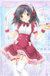 Rule 34 | 1girl, :d, absurdres, apron, black hair, blush, bow, breasts, brown eyes, center frills, collared shirt, commentary request, food, fork, frilled apron, frilled skirt, frills, hair between eyes, hair ornament, hairclip, hands up, heart, heart hair ornament, highres, holding, holding fork, korie riko, long hair, looking at viewer, maid, maid headdress, open mouth, original, polka dot, polka dot apron, polka dot skirt, puffy short sleeves, puffy sleeves, red apron, red bow, red skirt, shirt, short sleeves, skirt, small breasts, smile, solo, thighhighs, white shirt, white thighhighs