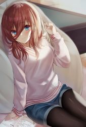 Rule 34 | 1girl, absurdres, arm at side, black pantyhose, book, breasts, brown hair, closed mouth, collarbone, cushion, denim, denim shorts, go-toubun no hanayome, hair between eyes, hand up, highres, indoors, pantyhose under shorts, long hair, long sleeves, medium breasts, nakano miku, open book, pantyhose, short shorts, shorts, sitting, smile, solo, sweater, toratora (nanahaba), white sweater